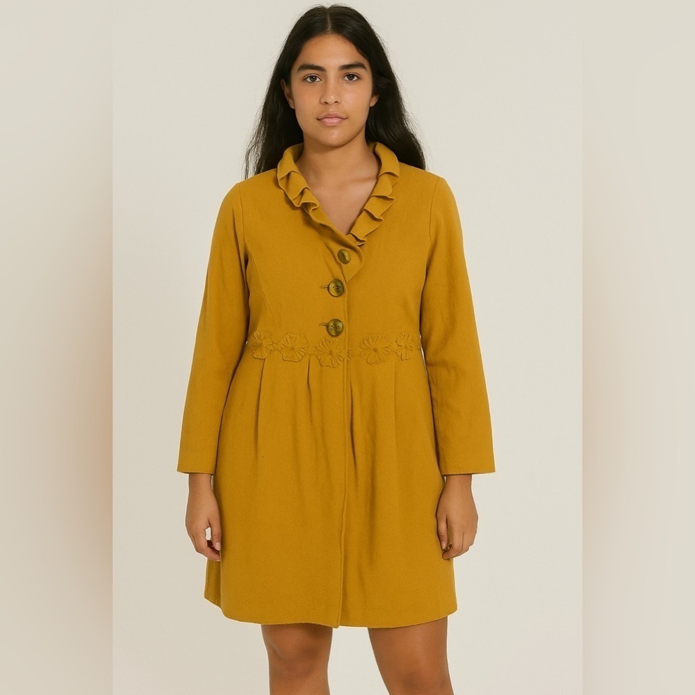 Luii by Anthropology Vintage Mustard Yellow Wool Crochet Detail Long Coat
